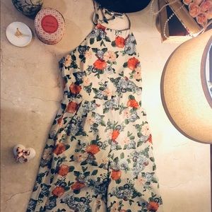 Flowery long wide legged halter top romper